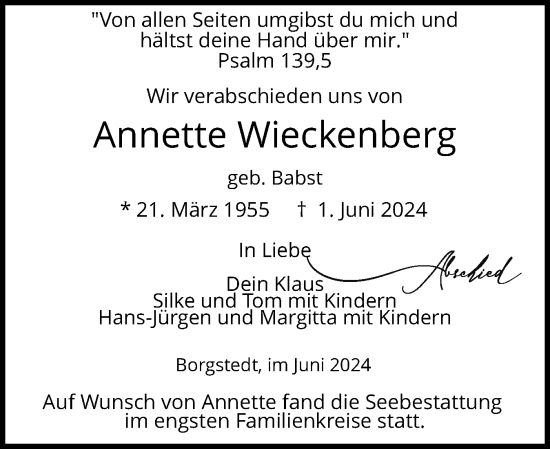 Traueranzeige von Annette Wieckenberg von Schleswig-Holsteinische Landeszeitung