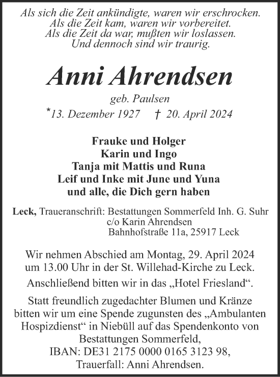 Traueranzeige von Anni Ahrendsen von Husumer Nachrichten, Nordfriesland Tageblatt