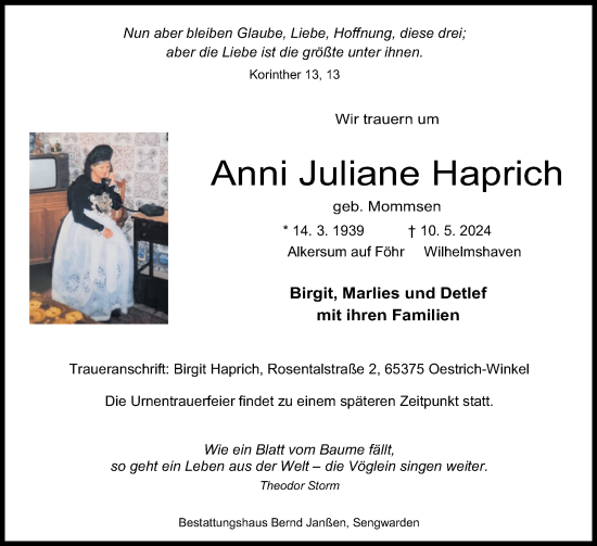 Traueranzeige von Anni Juliane Haprich von Der Insel-Bote