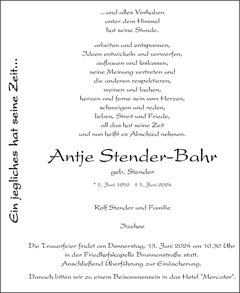  Traueranzeige für Antje Stender-Bahr vom 08.06.2024 aus Norddeutsche Rundschau, Wilstersche Zeitung, Glückstädter Fortuna