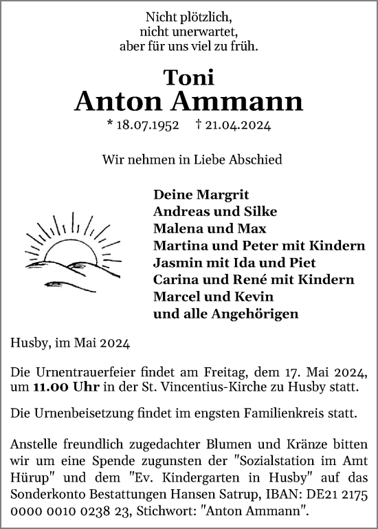 Traueranzeige von Anton Ammann von Flensburger Tageblatt