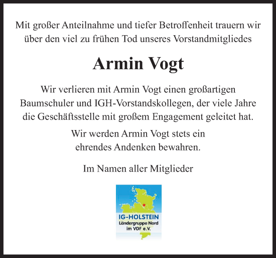 Traueranzeige von Armin Vogt von Elmshorner Nachrichten, Barmstedter Zeitung