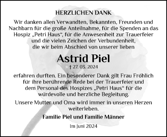 Traueranzeige von Astrid Piel von Schleswiger Nachrichten, Schlei-Bote