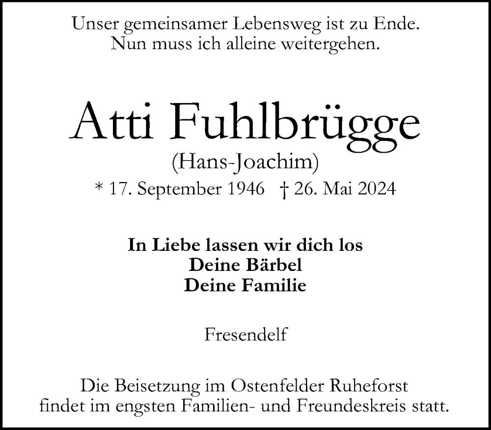  Traueranzeige für Atti Fuhlbrügge vom 01.06.2024 aus Husumer Nachrichten, Nordfriesland Tageblatt