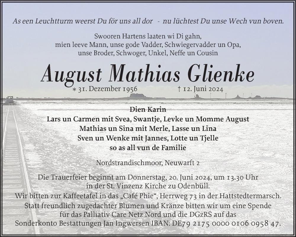  Traueranzeige für August Mathias Glienke vom 15.06.2024 aus Husumer Nachrichten, Nordfriesland Tageblatt