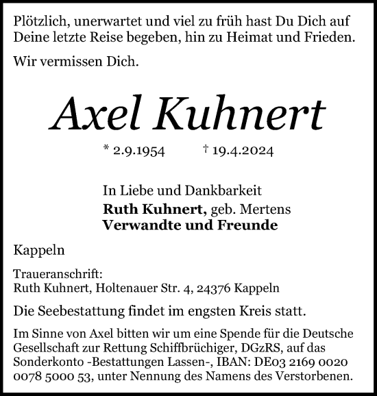 Traueranzeige von Axel Kuhnert von Schleswiger Nachrichten, Schlei-Bote