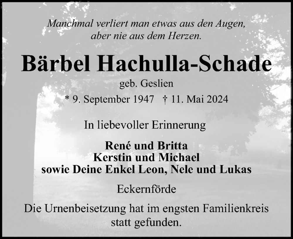  Traueranzeige für Bärbel Hachulla-Schade vom 08.06.2024 aus Eckernförder Zeitung, Hallo Eckernförde