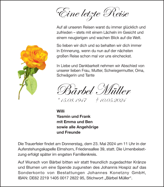 Traueranzeige von Bärbel Müller von Elmshorner Nachrichten, Barmstedter Zeitung
