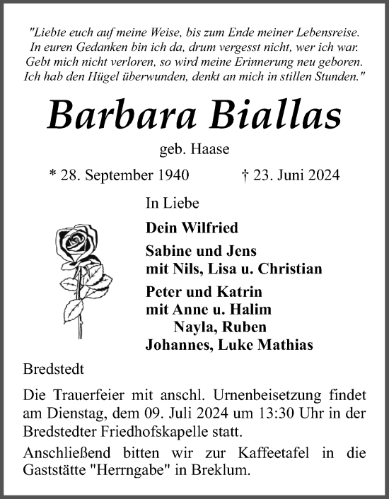 Traueranzeige von Barbara Biallas von Husumer Nachrichten, Nordfriesland Tageblatt