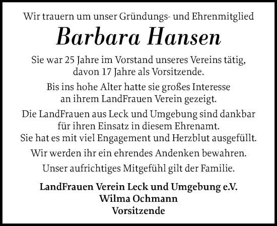 Traueranzeige von Barbara Hansen von Husumer Nachrichten, Nordfriesland Tageblatt