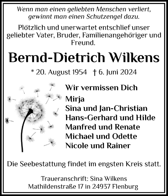 Traueranzeige von Bernd-Dietrich Wilkens von Husumer Nachrichten, Nordfriesland Tageblatt