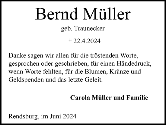 Traueranzeige von Bernd Müller von Schleswig-Holsteinische Landeszeitung