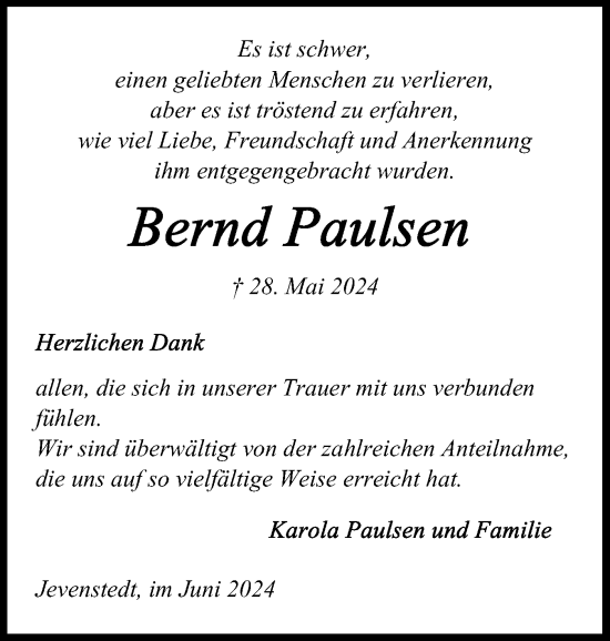 Traueranzeige von Bernd Paulsen von Schleswig-Holsteinische Landeszeitung