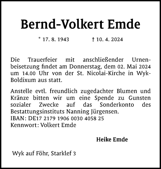 Traueranzeige von Bernd-Volkert Emde von Der Insel-Bote