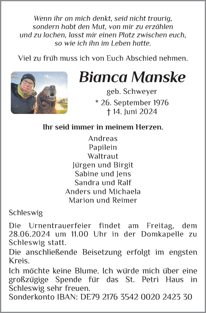  Traueranzeige für Bianca Manske vom 22.06.2024 aus Schleswiger Nachrichten, Schlei-Bote
