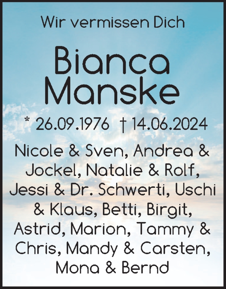  Traueranzeige für Bianca Manske vom 22.06.2024 aus Region Flensburg