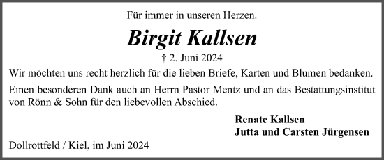 Traueranzeige von Birgit Kallsen von Schleswiger Nachrichten, Schlei-Bote