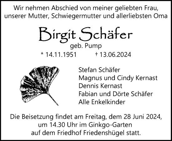 Traueranzeige von Birgit Schäfer von Flensburger Tageblatt