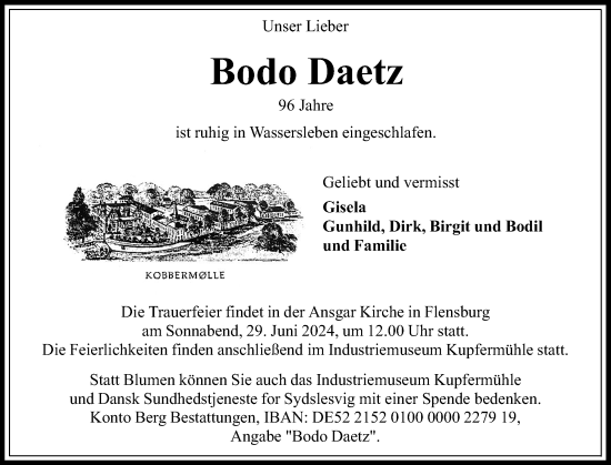 Traueranzeige von Bodo Daetz von Flensburger Tageblatt