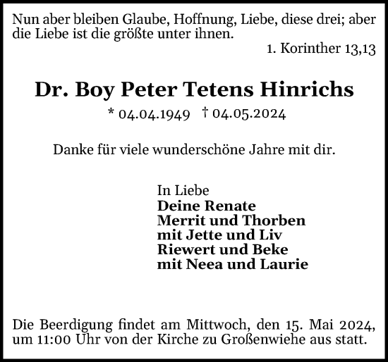 Traueranzeige von Boy Peter Tetens Hinrichs von Flensburger Tageblatt