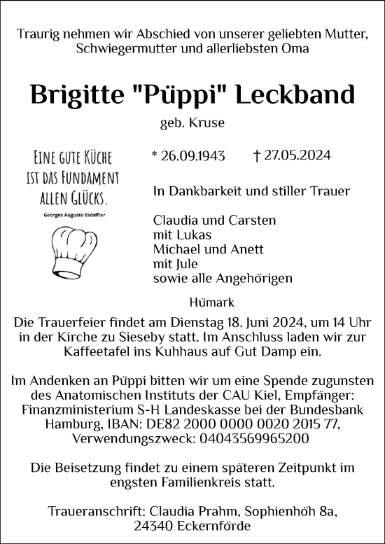 Traueranzeige von Brigitte Leckband von Schleswiger Nachrichten, Schlei-Bote, Eckernförder Zeitung