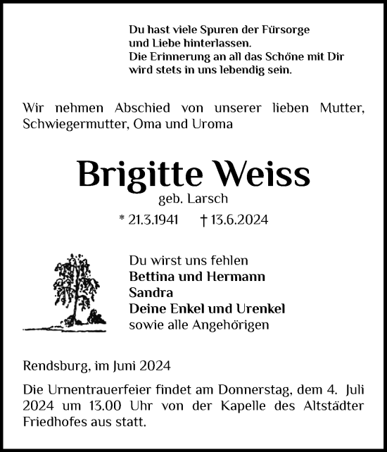 Traueranzeige von Brigitte Weiss von Schleswig-Holsteinische Landeszeitung