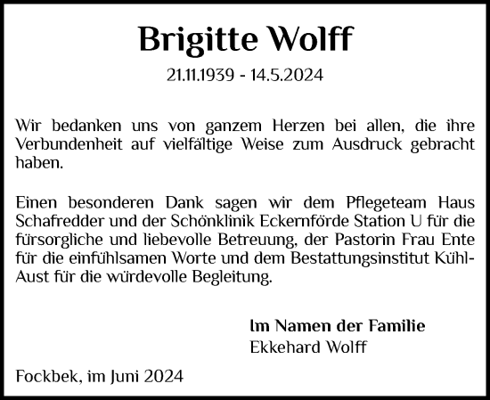 Traueranzeige von Brigitte Wolff von Schleswig-Holsteinische Landeszeitung