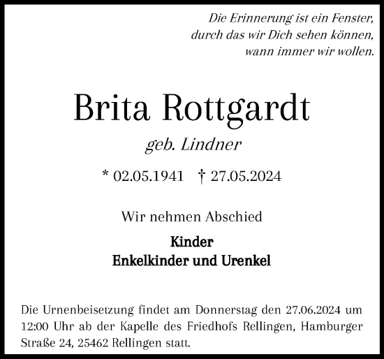 Traueranzeige von Brita Rottgardt von Region Pinneberg und tip Pinneberg