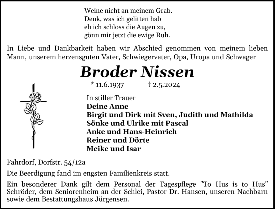 Traueranzeige von Broder Nissen von Schleswiger Nachrichten, Schlei-Bote