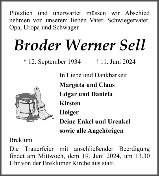 Traueranzeige von Broder Werner Sell von Husumer Nachrichten, Nordfriesland Tageblatt