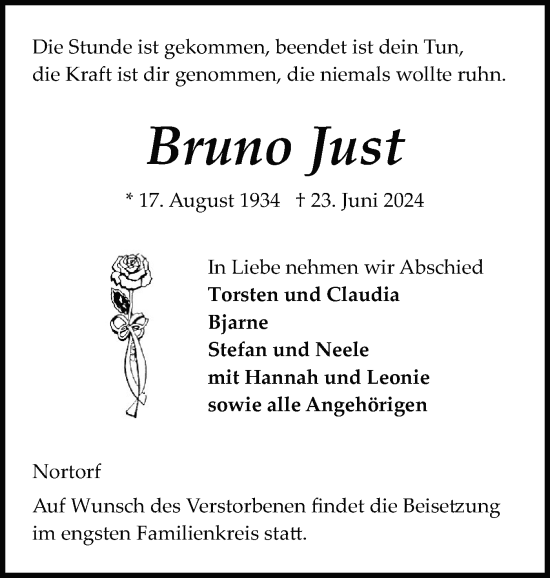 Traueranzeige von Bruno Just von Schleswig-Holsteinische Landeszeitung