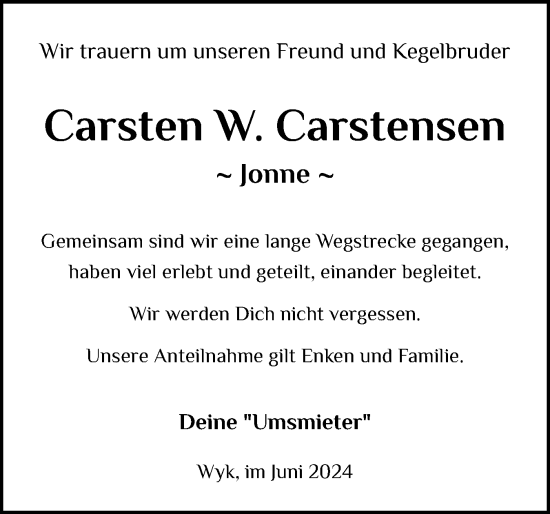 Traueranzeige von Carsten W. Carstensen von Der Insel-Bote