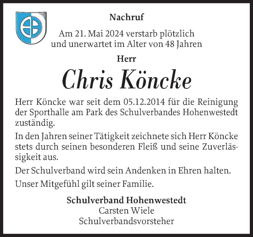  Traueranzeige für Chris Köncke vom 31.05.2024 aus Schleswig-Holsteinische Landeszeitung