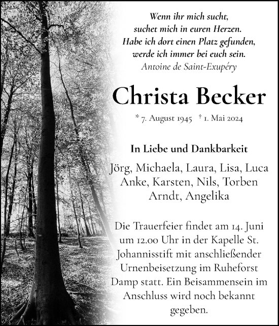 Traueranzeige von Christa Becker von Eckernförder Zeitung