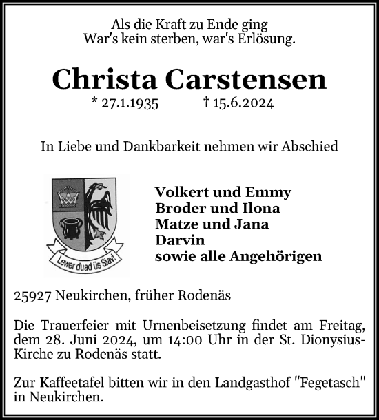 Traueranzeige von Christa Carstensen von Husumer Nachrichten, Nordfriesland Tageblatt