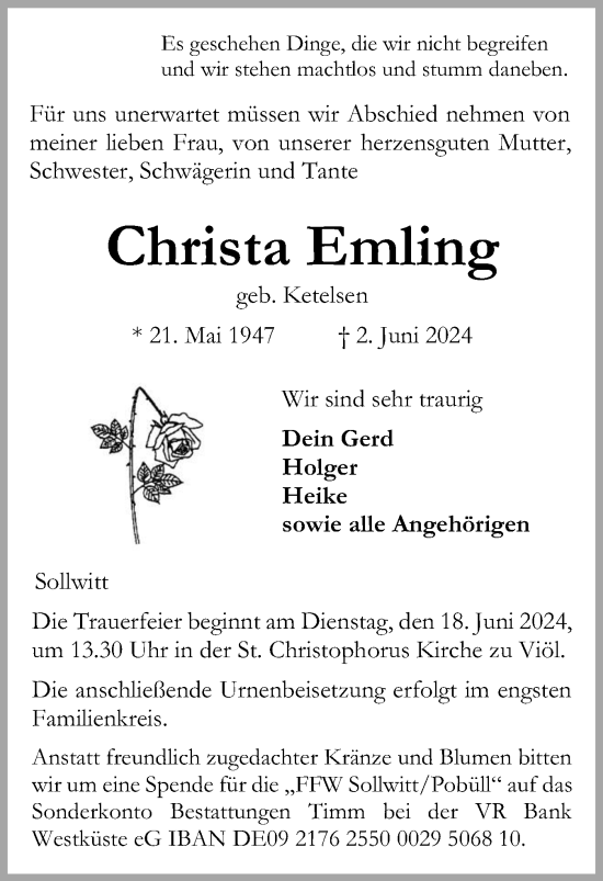 Traueranzeige von Christa Emling von Husumer Nachrichten, Nordfriesland Tageblatt