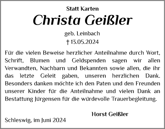 Traueranzeige von Christa Geißler von Schleswiger Nachrichten, Schlei-Bote