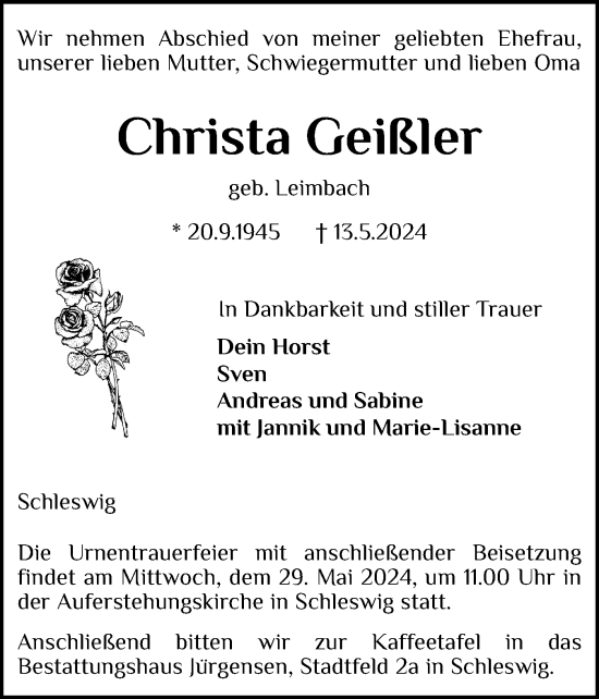 Traueranzeige von Christa Geißler von Schleswiger Nachrichten, Schlei-Bote