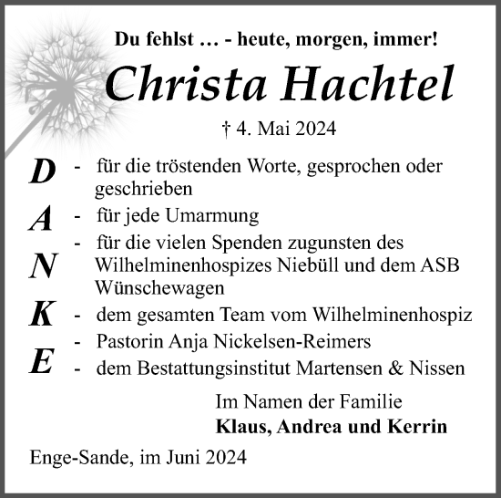 Traueranzeige von Christa Hachtel von Husumer Nachrichten, Nordfriesland Tageblatt