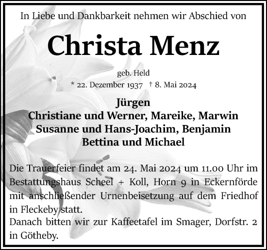 Traueranzeige von Christa Menz von Eckernförder Zeitung, Hallo Eckernförde