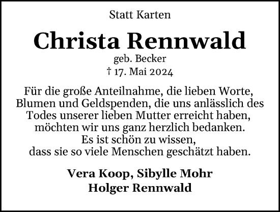 Traueranzeige von Christa Rennwald von Eckernförder Zeitung, Hallo Eckernförde