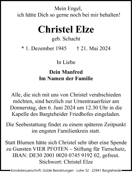 Traueranzeige von Christel Elze von Stormaner Tageblatt
