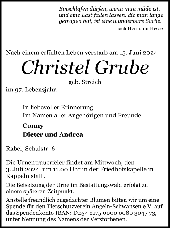 Traueranzeige von Christel Grube von Schleswiger Nachrichten, Schlei-Bote