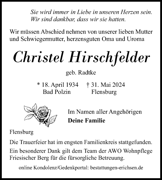 Traueranzeige von Christel Hirschfelder von Flensburger Tageblatt