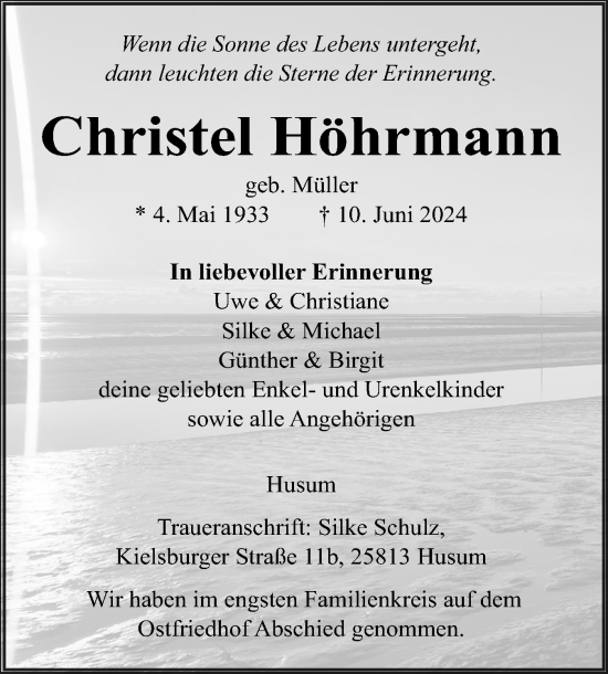 Traueranzeige von Christel Höhrmann von Husumer Nachrichten, Nordfriesland Tageblatt