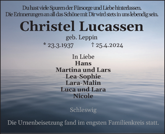 Traueranzeige von Christel Lucassen von Schleswiger Nachrichten, Schlei-Bote