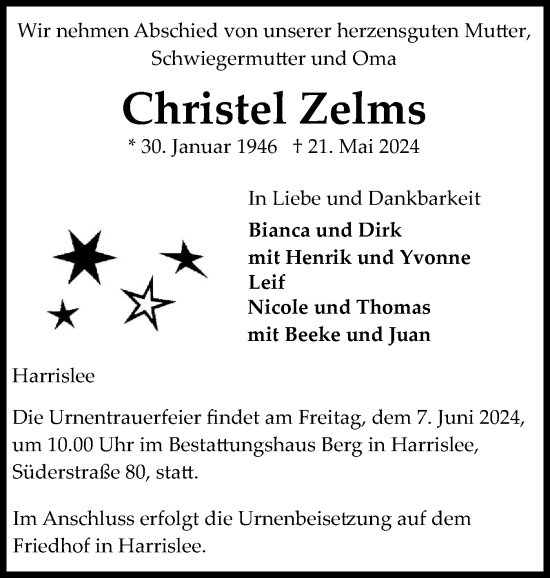 Traueranzeige von Christel Zelms von Flensburger Tageblatt