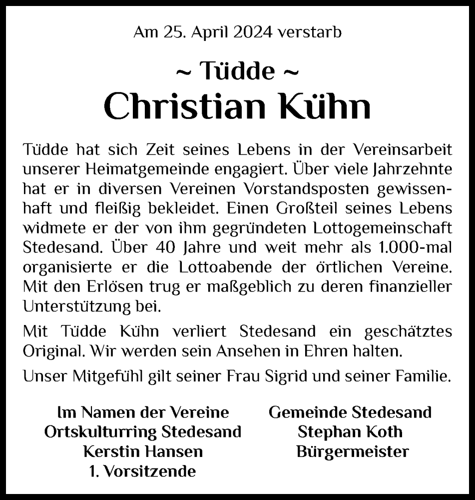  Traueranzeige für Christian Kühn vom 02.05.2024 aus Husumer Nachrichten, Nordfriesland Tageblatt