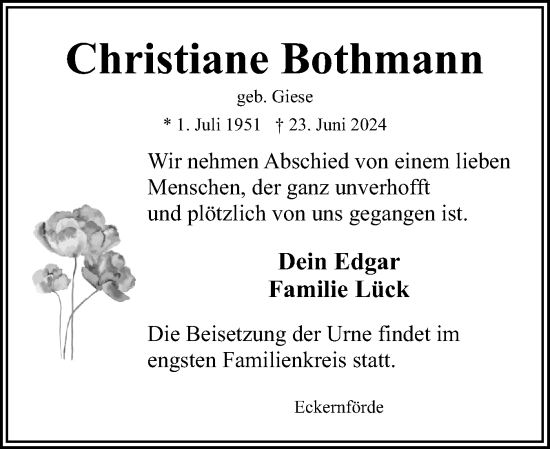 Traueranzeige von Christiane Bothmann von Eckernförder Zeitung, Hallo Eckernförde