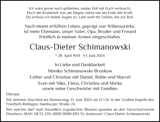 Traueranzeige von Claus-Dieter Schimanowski von Region Pinneberg und tip Pinneberg
